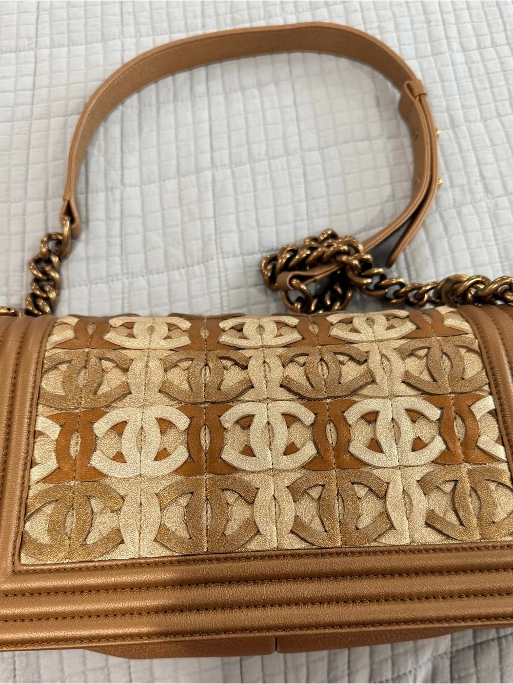 CHANEL Bronze and Cream CC Cutout LeBoy Shoulder Bag